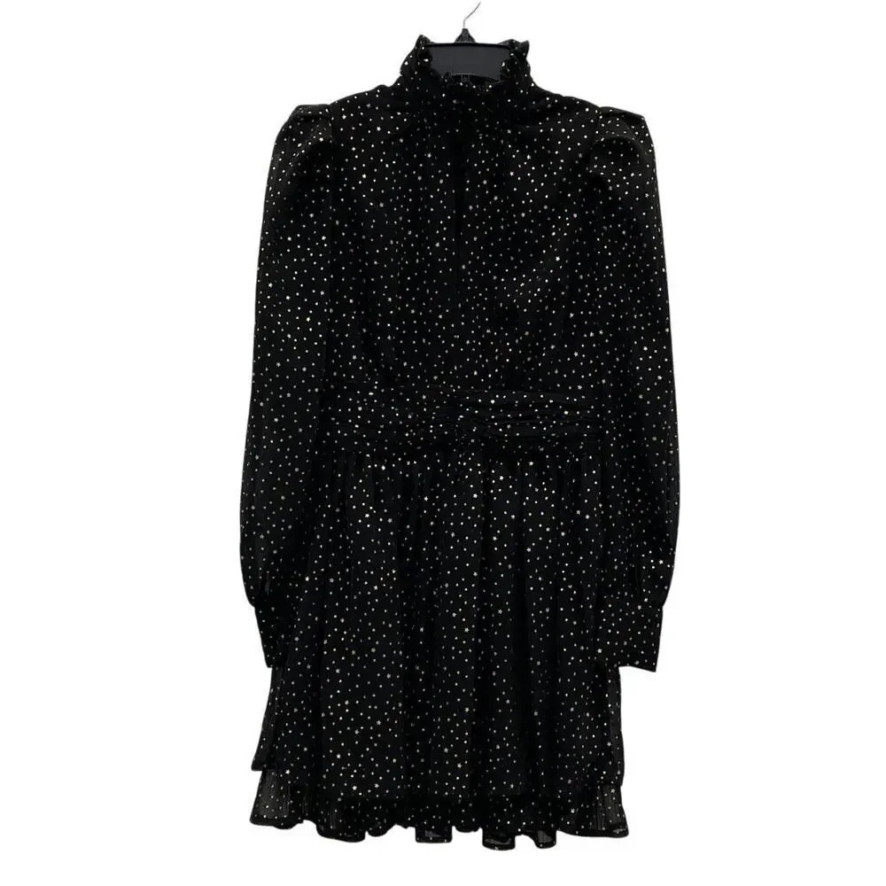AQUA Black Gold Polka Dot Star Puff Sleeve Mini Dress S NWT - Picture 2 of 4